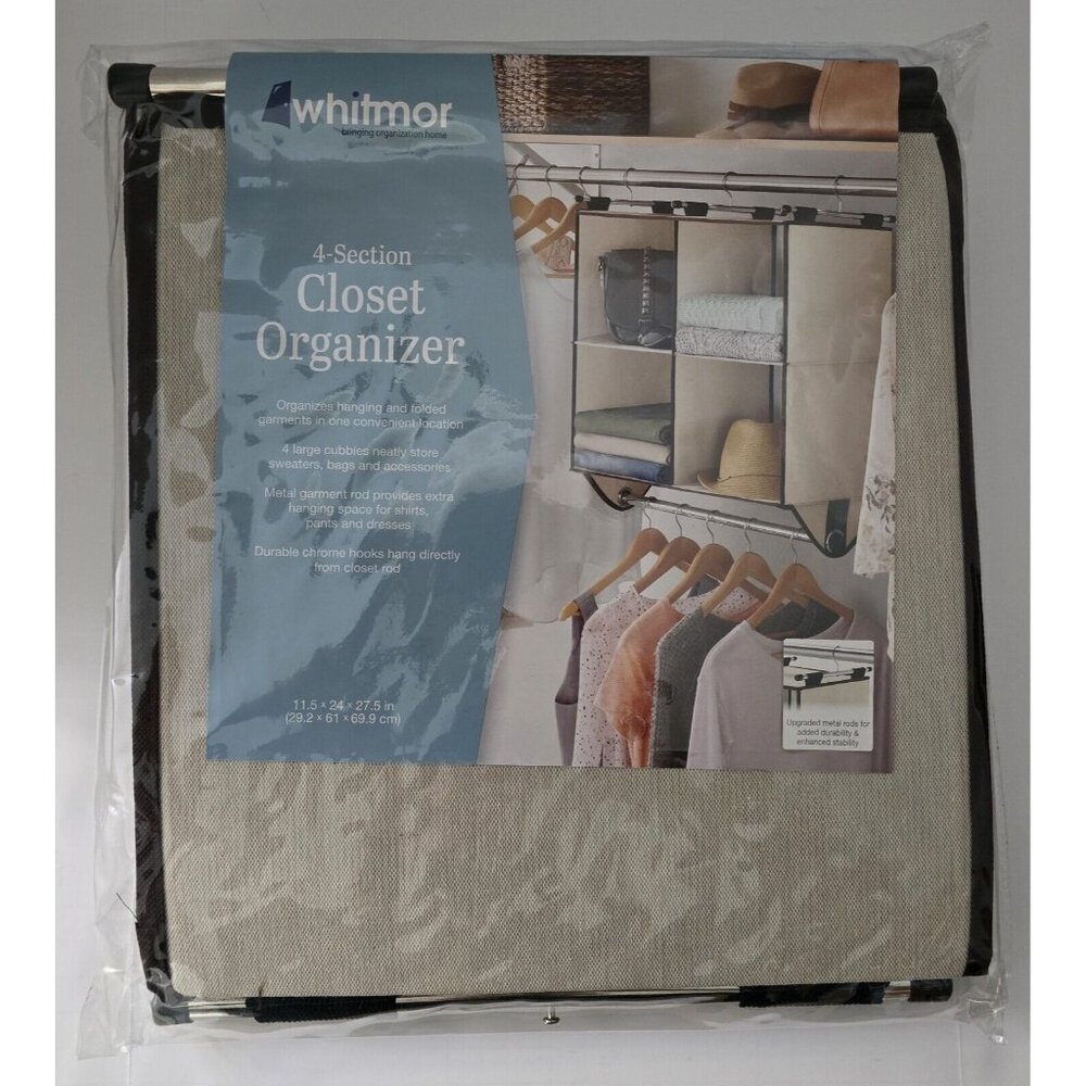 Whitmor 4 Section Hanging Closet With a Rod Organizer Canvas Garment Cubbies NEW